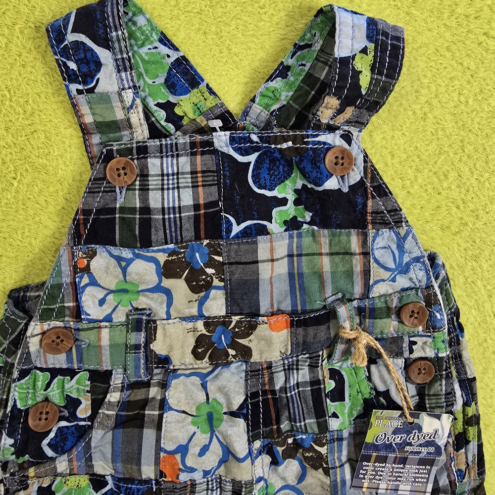 NWT 0-3M UNISEX Blue Green Plaid Floral Patchwork Overalls HAND DYED 2008 (Q9) - Picture 6 of 6